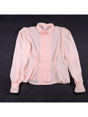 Vintage Light Pink Long Sleeve Blouse with Pleated Front and Floral Collar
